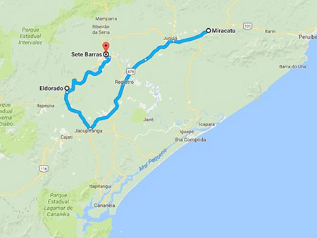 Últimos registros da jiboia do Ribeira foram em Miracatu, Eldorado e Sete Barras (Foto: Reprodução/Google)