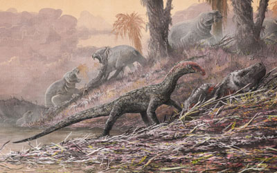 Reconstrução da vida de Teleocrater rhadinus, em ilustração, ao lado de um parente antigo dos mamíferos, o Cynognathus. (Foto: Natural History Museum, London, artwork by Mark Witton)